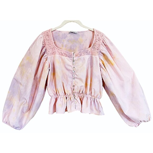 ZARA Tie-Dye Puff Sleeve Blouse M Pink Yellow Boho Peasant Top Bloggers Fave - Picture 2 of 9